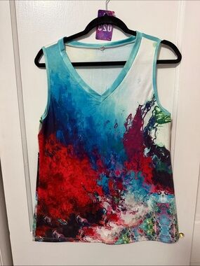 Abstract V-Neck Sleeveless Top - Blue & Red